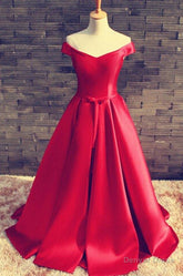 2025 Gorgeous Red Floor-Length/Long A-Line/Princess Off-the-Shoulder Lace Up Satin Prom Dresses